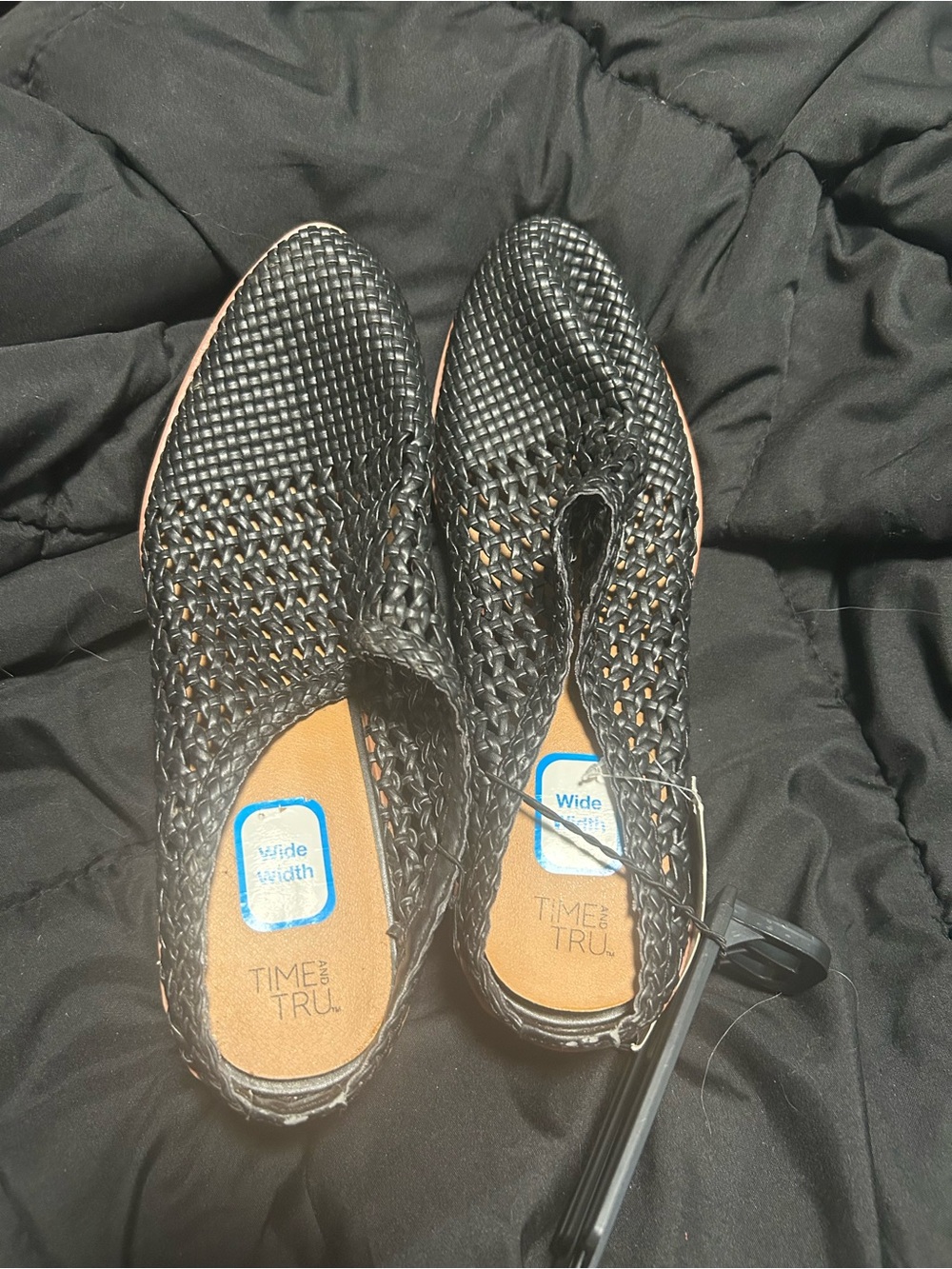Time and Tru Black Woven Slip-On Wide-Width Flats - Breathable Casual Loafers